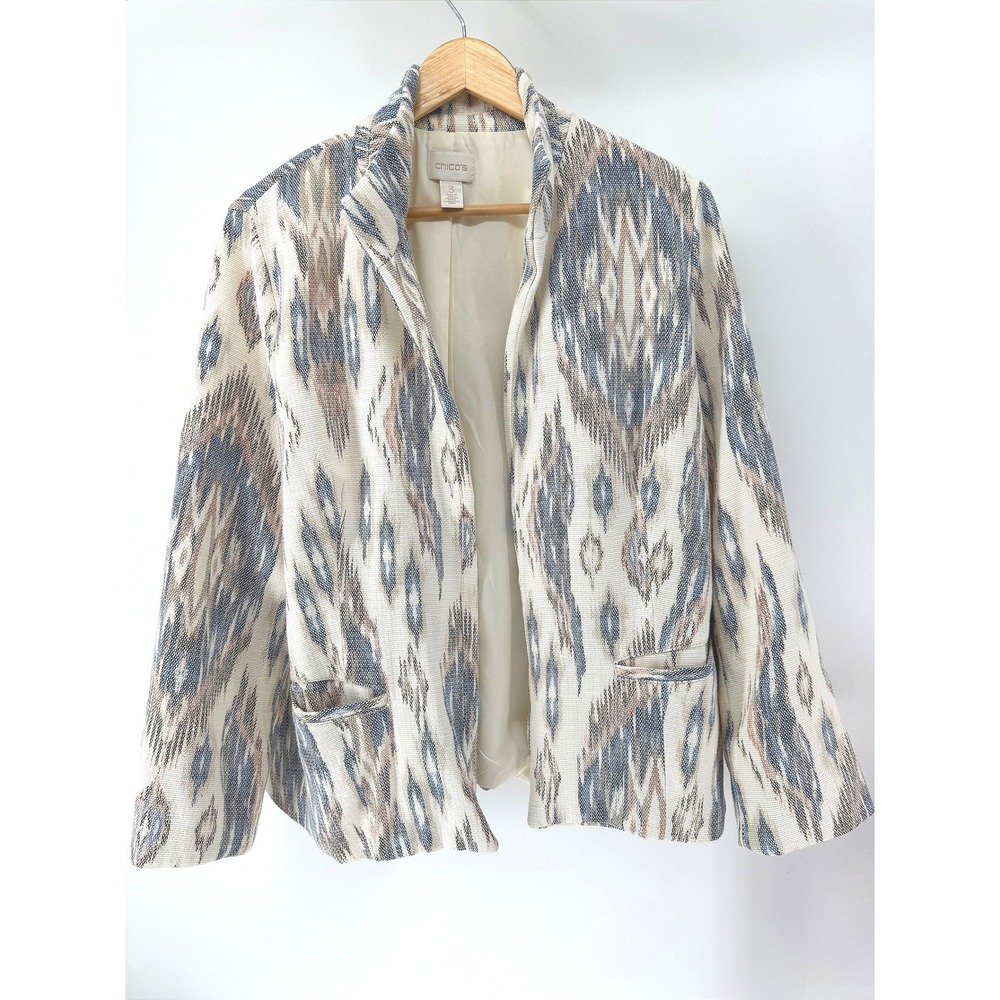 Chico's Ikat Blazer Women Size 3 Blue Cream Print Open Front Jacket